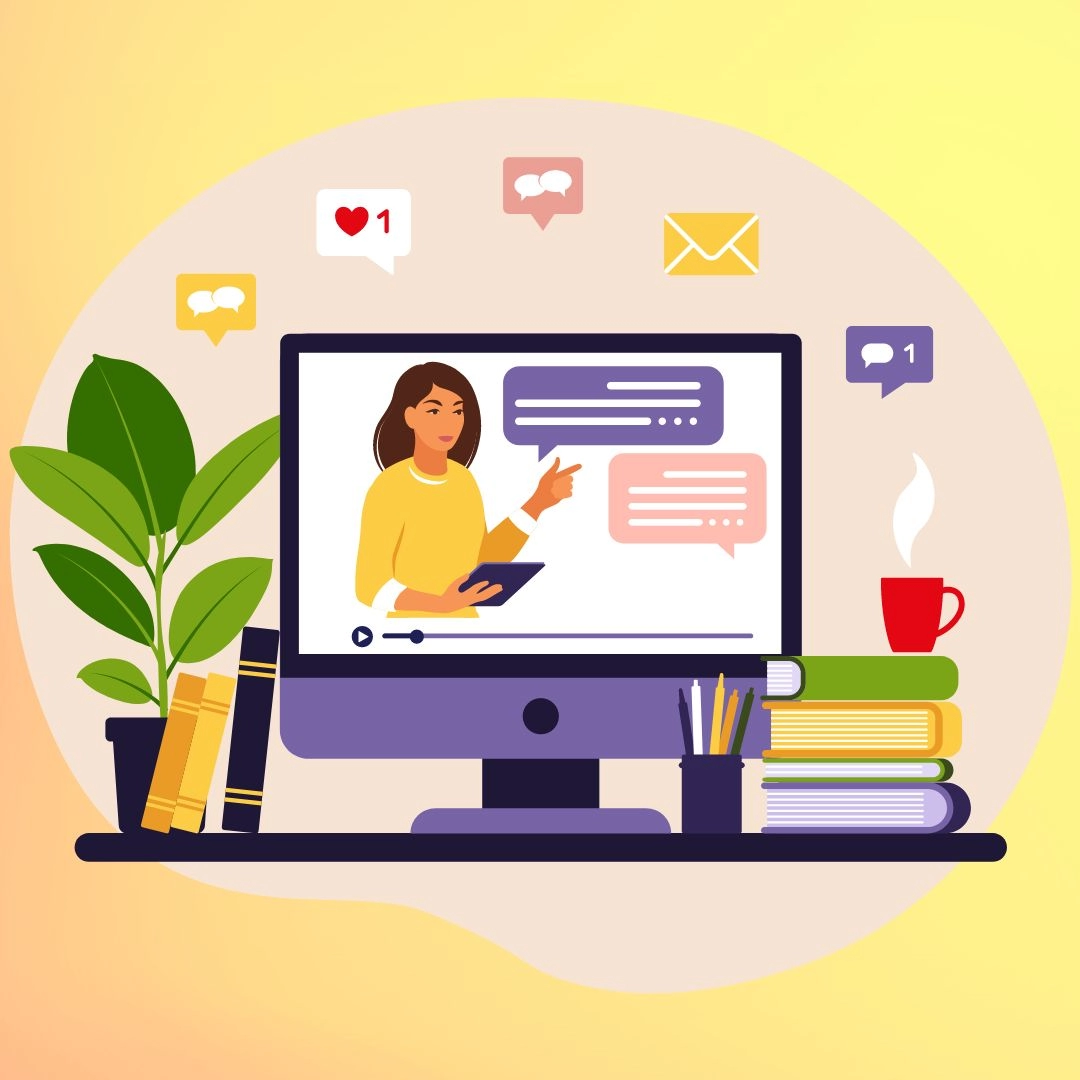 cartoon woman in a computer webinar