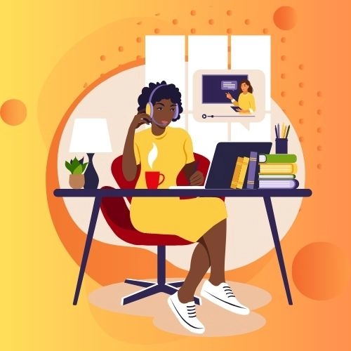 cartoon woman sitting at desk