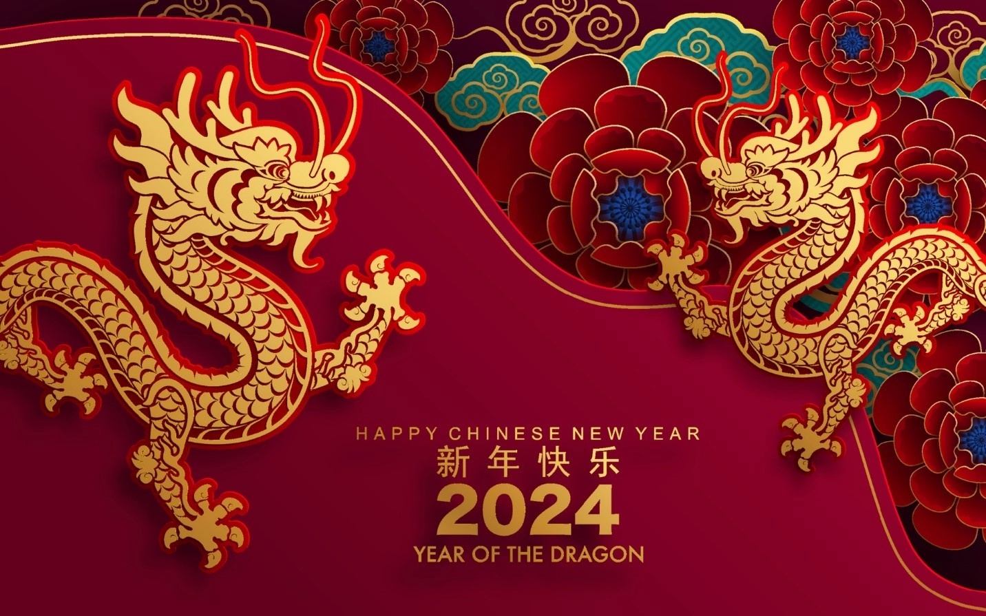 Chinese themed image of two dragons facing each other on a read and floral background