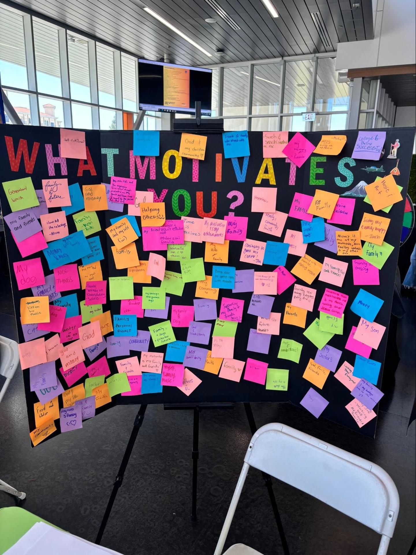 Sign with sticky notes that reads What motivates you?