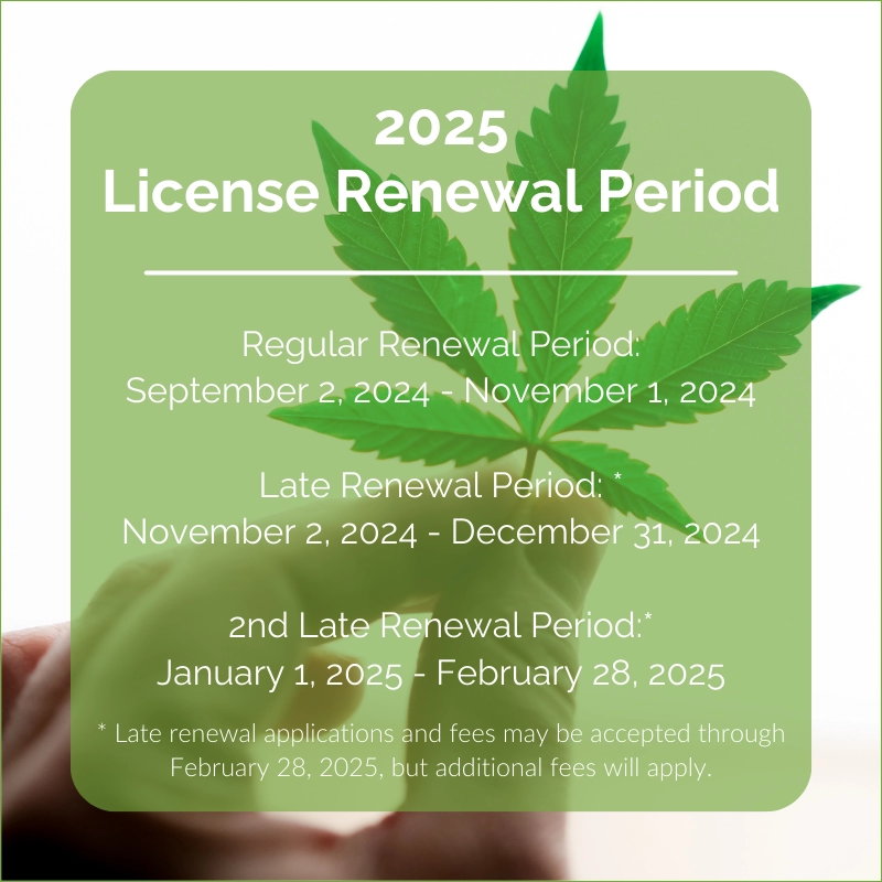 2025 License Renewal Period Regular Renewal Period: September 2, 2024 - November 1, 2024 Late Renewal Period*: November 2, 2024 - December 31, 2024 2nd Late Renewal Period*: January 1, 2025 - February 28, 2025 * Late renewal applications and fees may be accepted through February 28, 2025, but additional fees will apply.