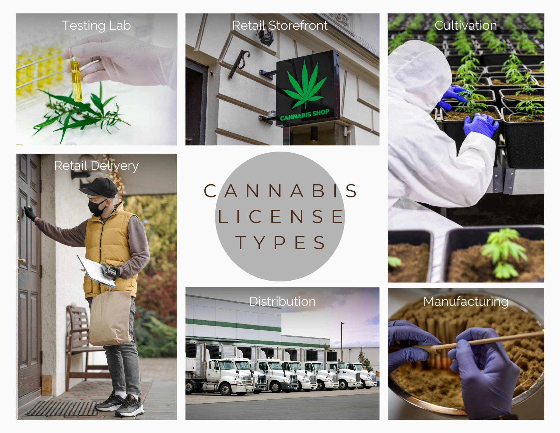 Cannabis Licensing Types: Testing Lab, Retail Storefront, Cultivation, Retail Delivery, Distribution, Manufacturing