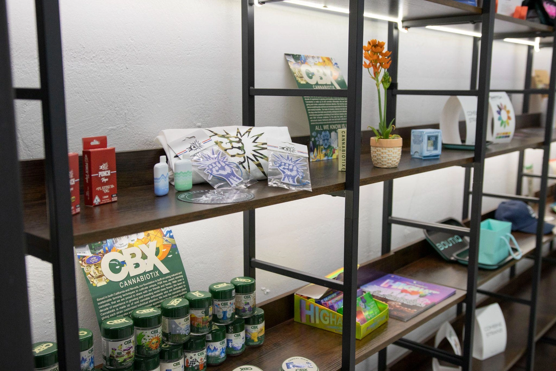 shelving that holds cannabis products for display