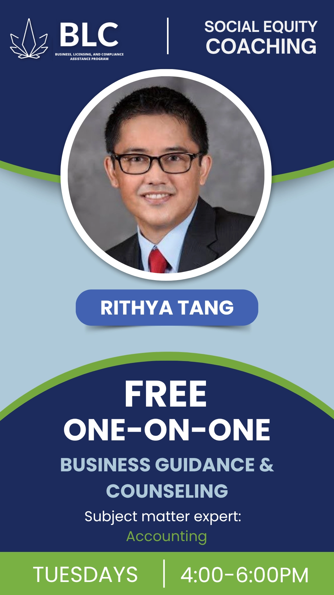 Social equity coaching with Rithya Tang. Free one-on-one business guidance and counseling with subject matter expert in accounting Tuesdays 4 to 6pm