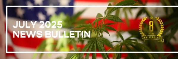July 2025 News Bulletin, Graphic: American flag in backgroun with cannabis plant in the foreground.