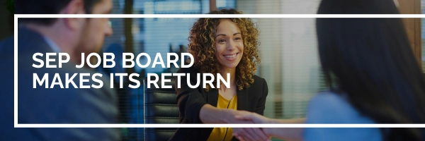 SEP Job Board Makes Its Return, Graphic: woman reaches out to shake another woman's hand, with another man sitting next to them